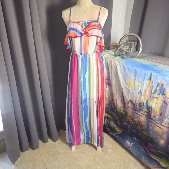 Candies Maxi Dress Womens L‎ Colorful Striped Summer Pool Slip Y2K Boho - Picture 8 of 14
